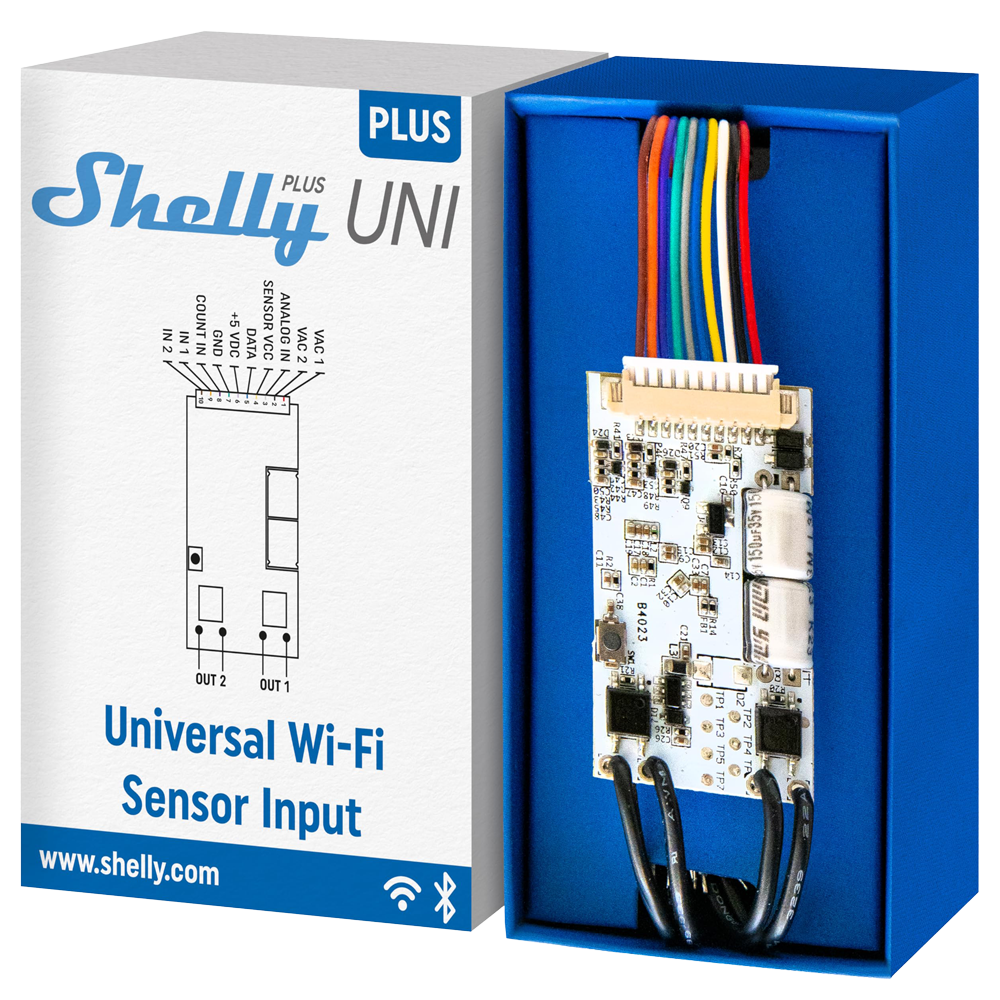SHELLY PLUS UNI (1 CH - 250mA) INTERRUPTOR INTELIGENTE ELETRODOMESTICOS DE BAIXA TENÇÃO (8-24VAC /9-28VDC)- WIFI, BLUETOOTH