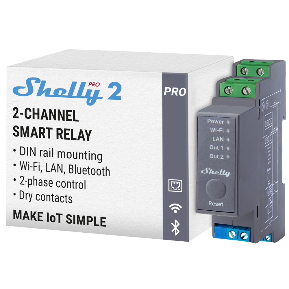 SHELLY PRO 2 (2 CH 16A MAX) MONTAGEM DIN-WIFI,BLUETOOTH, LAN