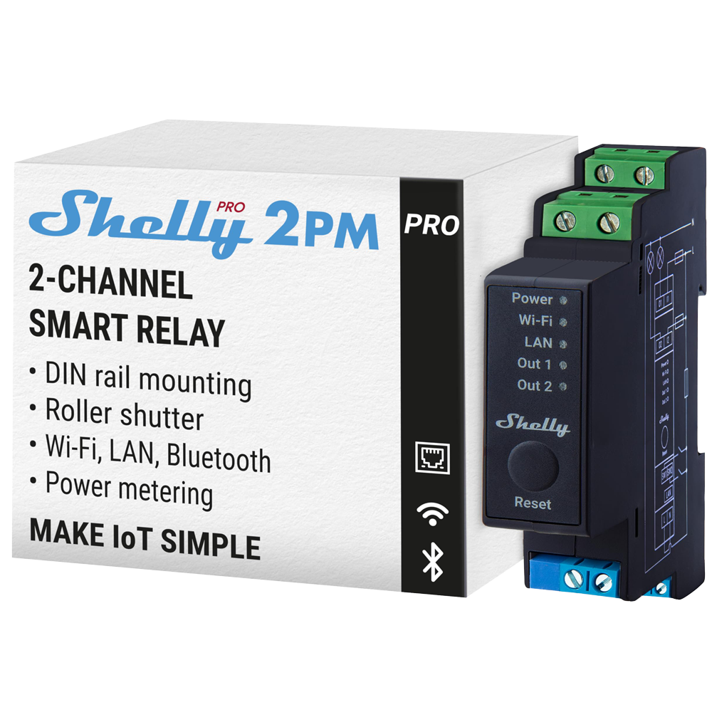 SHELLY PRO 2PM (2 CH 16A/CH  MAX 25A) MONTAGEM DIN-WIFI,BLUETOOTH, LAN