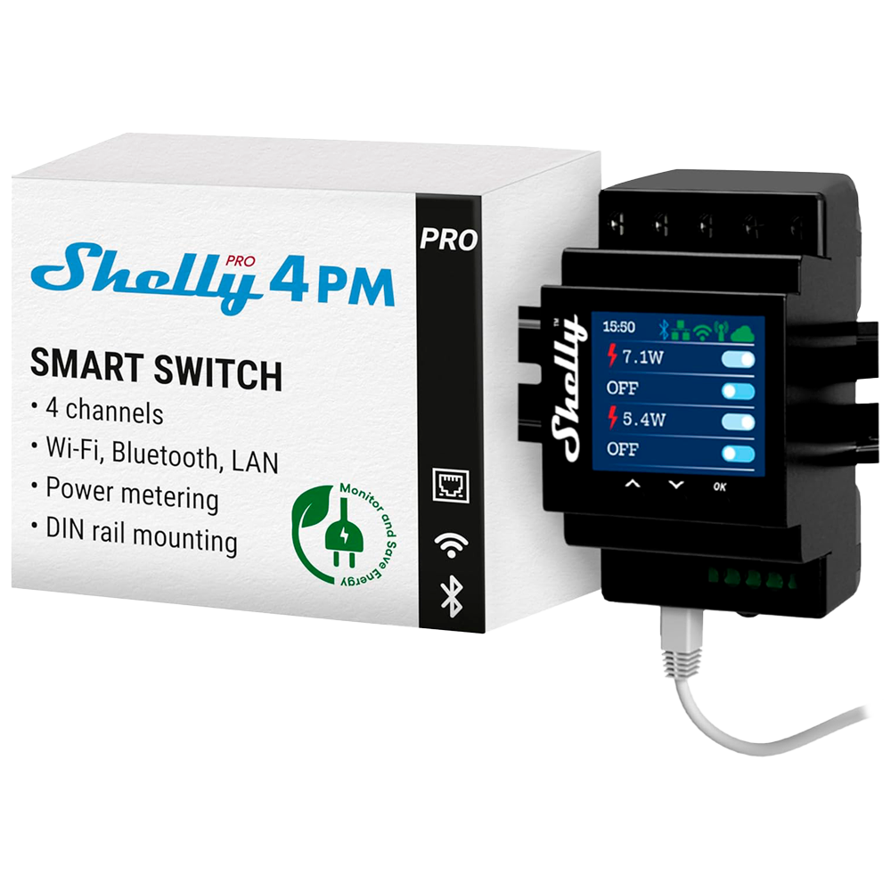 SHELLY PRO 4 PM (4 CH 16A MAX/CH - TOTAL 40A) MONTAGEM DIN-WIFI,BLUETOOTH, LAN